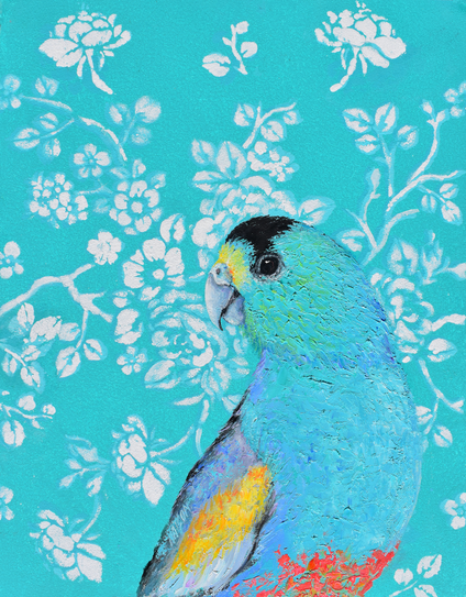 A textured oil painting of a Golden-shouldered Parrot with plumage of turquoise blue, golden yellow, and soft green tones. This parrot portrait is set against a teal green and white floral patterned background.