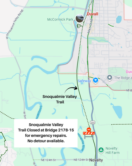 Map showing the closure location partway between NE 138th and 124th Streets with text "Snoqualmie Valley Trail Closed at Bridge 2178-15 for emergency repairs. No detour available."