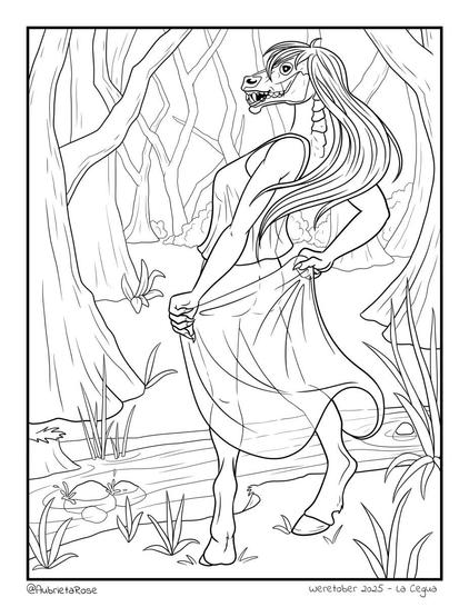 A line art drawing of a beautiful woman in sheer clothing next to a small creek in the woods, but her head is that of a horse with the skull showing through it with sharp fangs and a fierce grin, her fingers are clawed, and her feet are hooves.