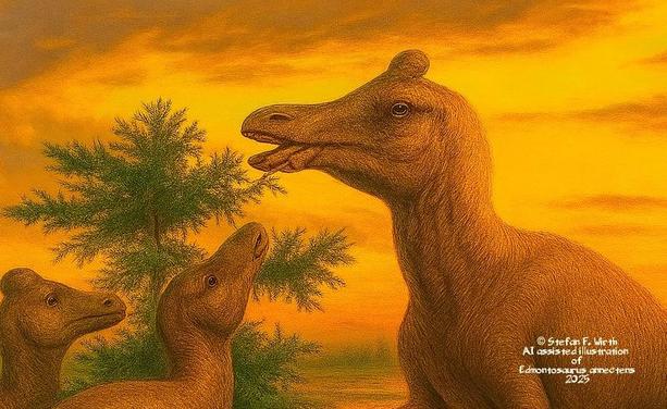 Feeding on coniferous plants: My own illustration of how about dinosaur Edmontosaurus annectens might have looked like according to newest findings based on analyses of " mummy" like fossils with partly very well preserved soft tissue impressions. I understand my illustrations as more or less rough drafts and of course not as extraordinary precise detail work, © Stefan F. Wirth, AI assisted and hand edited, Berlin October 2025