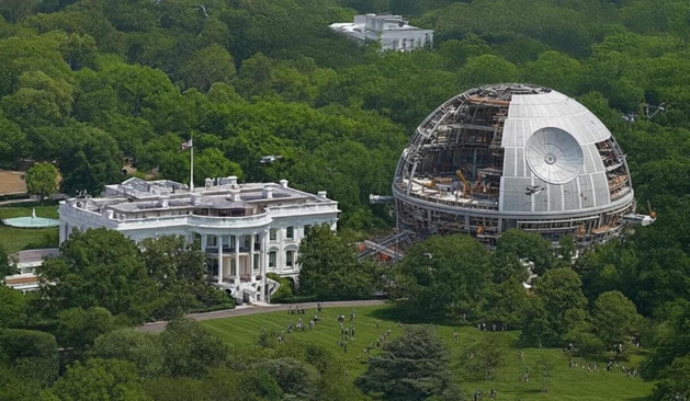Bird's-eye view of the white house and a half-constructed Death Star next to it.