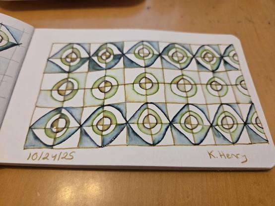 Hand drawn generative/procedural art in ink on an open page of my sketchbook. The abstract pattern looks a bit like a tiled floor with straight and curving lines.