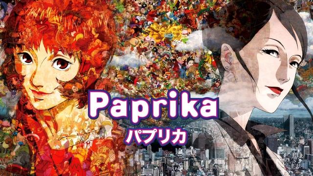 Japanese poster-thumb for "Paprika" featuring a split composition with two female faces. On the left, a character with warm orange and red tones and red hair,  wearing a red tshirt, surrounded by chaotic, fiery imagery and mechanical elements. On the right, a more serene character with cool blue and gray tones, wearing a business suite, against a modern cityscape. Between them, a densely packed collage of colorful toys, dolls, animals, and various objects creating a surreal parade. The title "Paprika" appears in bold white letters with pink/blue outline in the center, with Japanese text "パプリカ" below it.