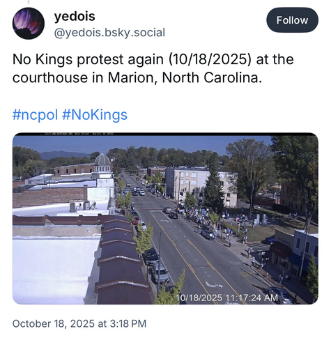 Screenshot of social media post for “No Kings 2.0” from Marion, North Carolina.