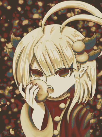 A faded picture of Apricot (okegom) taking a bite from an apricot). Sparkled yet muted background.