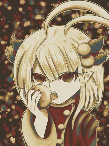 A faded picture of Apricot (okegom) taking a bite from an apricot). Sparkled yet muted background. Sticker outline around Apricot.