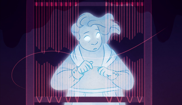 A ghost of an old woman appears in front of audio visualizations.