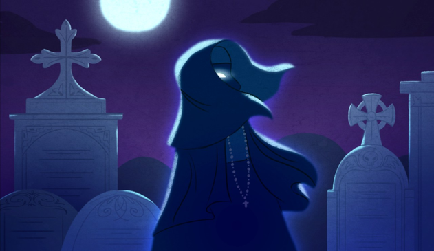 A nun's ghost stands in a graveyard.