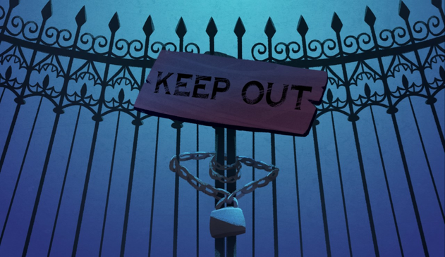 A keep out sign appears on a cemetery gate that has been chained and locked.