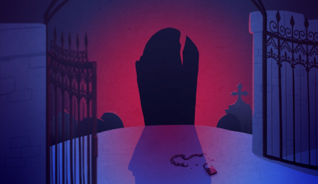 A gravestone has a crack in it and stands beyond a cemetery gate. A broken chain and lock can be seen in the foreground.