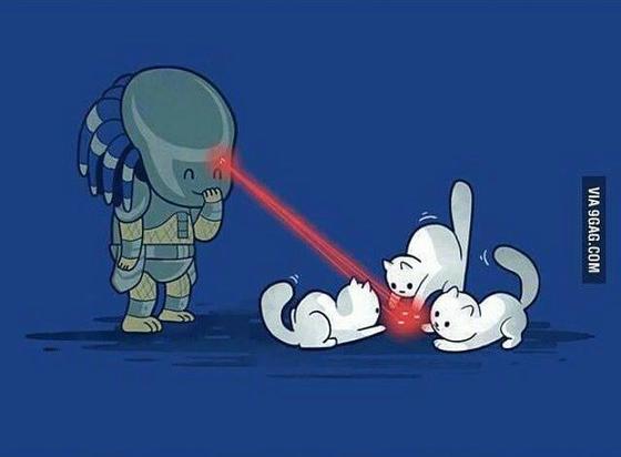 Drawing of the Predator using his head lasers to play with 3 white cats, Blue background