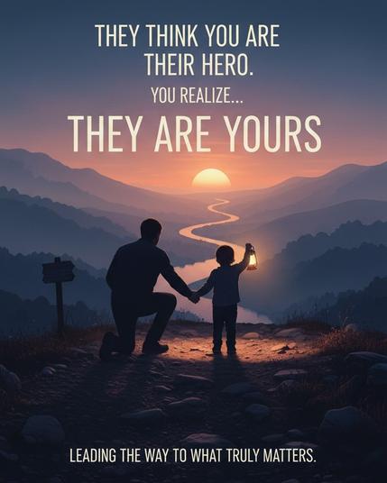 The artwork presents a silhouette of a kneeling adult holding hands with a child, who carries a glowing lantern, set against a backdrop of layered mountains and a winding river illuminated by a setting sun. Above, the text "THEY THINK YOU ARE THEIR HERO. YOU REALIZE... THEY ARE YOURS" is displayed, with "LEADING THE WAY TO WHAT TRULY MATTERS." at the bottom. A rustic wooden signpost stands to the left, enhancing the scene's depth.
