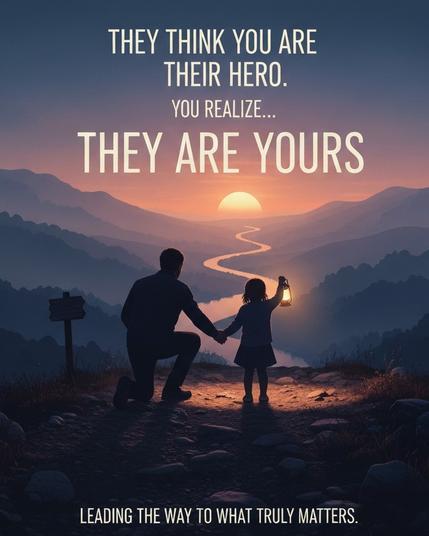 The artwork presents a silhouette of a kneeling adult holding hands with a child, who carries a glowing lantern, set against a backdrop of layered mountains and a winding river illuminated by a setting sun. Above, the text "THEY THINK YOU ARE THEIR HERO. YOU REALIZE... THEY ARE YOURS" is displayed, with "LEADING THE WAY TO WHAT TRULY MATTERS." at the bottom. A rustic wooden signpost stands to the left, enhancing the scene's depth.