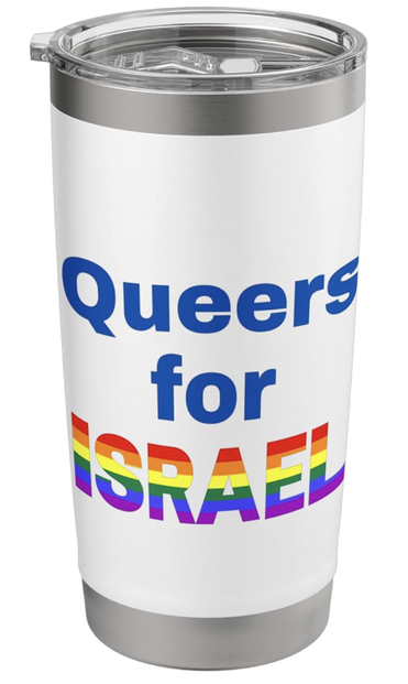 Quuers for Israel is shown on a stainless steel tumbler.