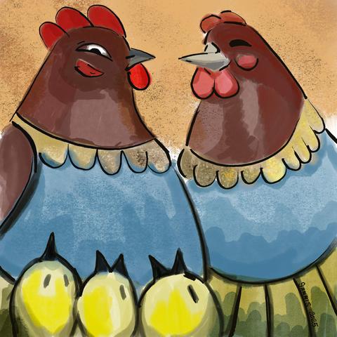 Two brown hens in blue bodices and green skirts. They are standing face to face while three spherical yellow chickens peep at them from below. The piece is painted to mimic a loose watercolour style.