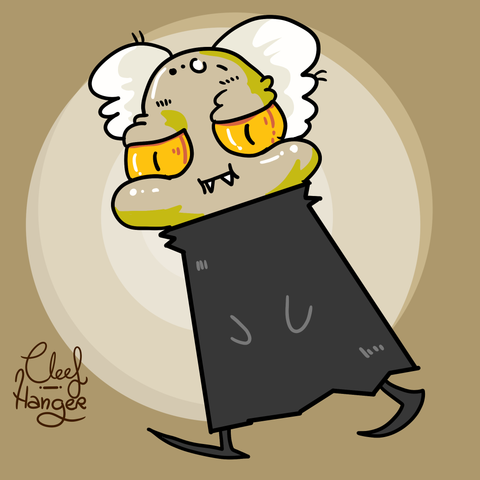 A vampire with a black tubular black dress and pointy shoes, green-ish skin, white hair with a bald spot in the middle, yellow big eyes with elongated pupils and big roundy cheeks is walking looking for something.

Un vampiro con traje tubular negro y zapatos puntiagudos, tono de piel mohino, pelo blanco rizado con calva en medio, ojos amarillos, pupilas afiladas y mofletes achuchables va andando buscando algo.