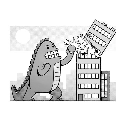 An illustration of a cartoon monster upper cut punching a skyscraper, breaking it in two. The monster is drawn in a basic way, with a thick body, stubby legs, and simple face with only gritted teeth, dots for eyes, and a frown. The monster has a teal, and it has rounded plates going down its back. There is a burst in the air where the monster hit the building, and the part of the building above the punch is broken off and flying away from the monster. There is a faint cityscape and sun in the background. The drawing is in black and white.