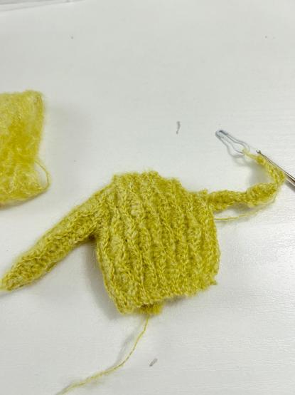 黄緑色の毛羽だった毛糸で編みかけの小さなセーター。胴体と片袖は編まれており、もう片方の袖は編み途中で、かぎ針と白いステッチマーカーが付いている。

A small, unfinished sweater crocheted from fuzzy, lime-green yarn. The body and one sleeve are complete, while the other sleeve is in progress with a crochet hook and a white stitch marker attached.