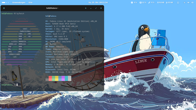 Auf dem Bild zu sehen ist mein Linux Desktop  Fedora das Hintergrund Bild ist Rot weißes Schnellboot auf dem Meer an dessem Bug ein Pinguin Steht
Links daneben Treibt ein Holz Floss auf dem eine Pinguin Flage gehisst ist 
Der Desktop bzw. die Icons entsprechen der Optik eines Apple Macs