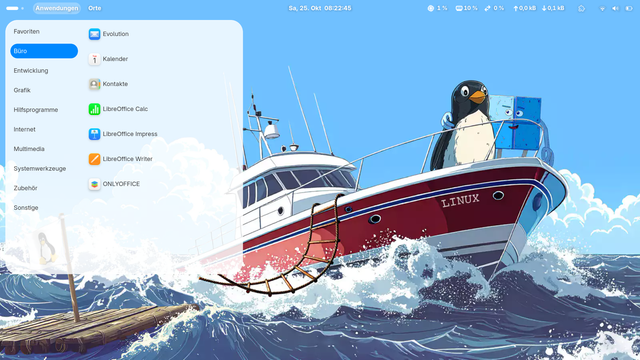 Auf dem Bild zu sehen ist mein Linux Desktop  Fedora das Hintergrund Bild ist Rot weißes Schnellboot auf dem Meer an dessem Bug ein Pinguin Steht
Links daneben Treibt ein Holz Floss auf dem eine Pinguin Flage gehisst ist 
Der Desktop bzw. die Icons entsprechen der Optik eines Apple Macs