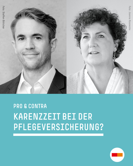 Text: Pro & Contra: Karenzzeit bei der Pflegeversicherung? Fotos: Schwarz-Weiß-Fotos von Stefan Schöncke (links, Pro-Stimme) und Anja Piel (rechtes Bild, Contra-Stimme).