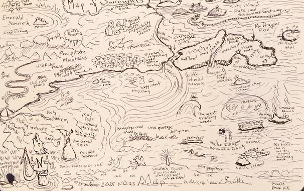 A fantastical map showing treacherous ice, dragons and humorous elements such as Delta Badrem, No Trouble Atoll and various other features such as No Dragons Here and Ramsar site.