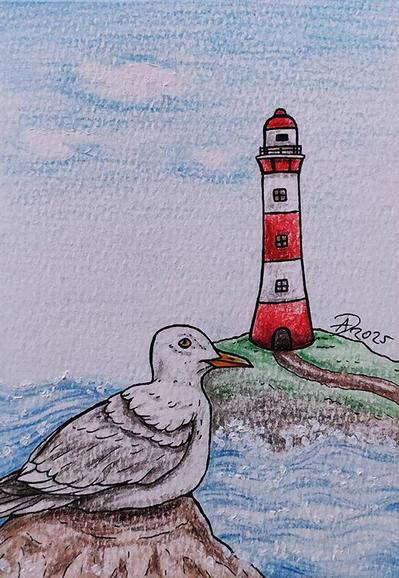 Auf dem Bild ist eine Möwe zu sehen, die auf einem Stein im Vordergrund sitzt. Im Hintergrund steht ein rot-weiß gestreifter Leuchtturm an einer Klippe, drum herum ist das Meer und der Himmel. 

Gezeichnet mit Faber Castell Stiften auf DIN A6 Format.