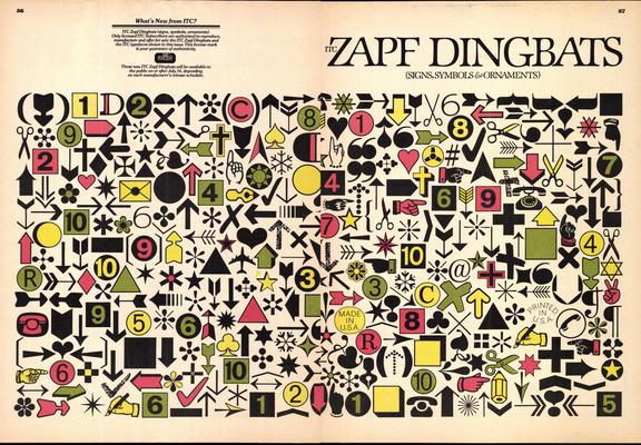 Spread of a magazine filled with symbols in black, yellow, green, and red. The title:

ZAPF DINGBATS
(SIGNS, SYMBOLS & ORNAMENTS)