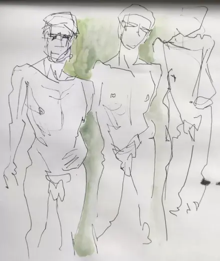 Trois croquis au feutre fin, de moins en moins détaillés (mais bon, déjà, le premier, c'est un croquis rapide alors !) de la même pose : un homme debout, de face.