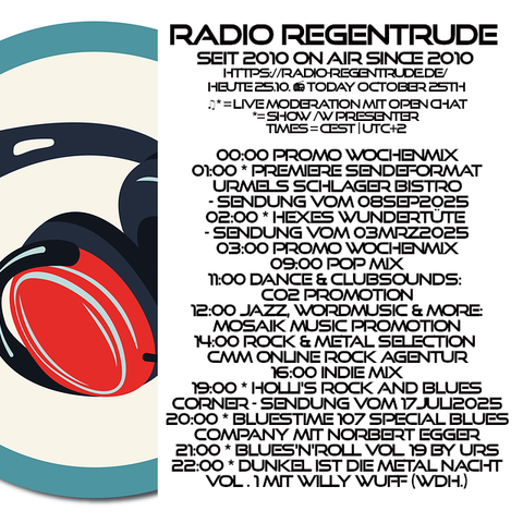 🇩🇪 Plakat mit den heutigen Radiosendungen. Bild (ohne Text): Pixabay, kein Bildquellennachweis erforderlich.

🇬🇧 Poster with details of today's radio shows. Image (without text): Pixabay, no image creds needed.
