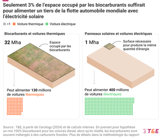 L'utilisation de seulement 3 % de ces terres pour l'énergie solaire permettrait de produire la même quantité d'énergie. Les véhicules électriques étant beaucoup plus efficaces que les voitures à carburant fossile, cela suffirait pour alimenter près d'un tiers du parc automobile mondial actuel.