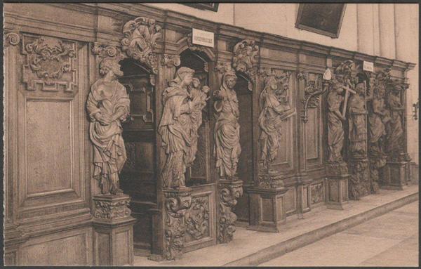 Printed sepia postcard showing a view of the confessionals, constructed in 1689, in the Eglise Notre Dame at Bruges in Belgium.

Published by Ernest Thill, Bruxelles, Nels, not numbered, c.1910.

Postally unused.

Excellent condition, with minimal corner bumps.