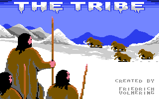 Three men with long black hair, staves in their hands, are walking across an icy landscape. Four mammoths can be seen in the distance.