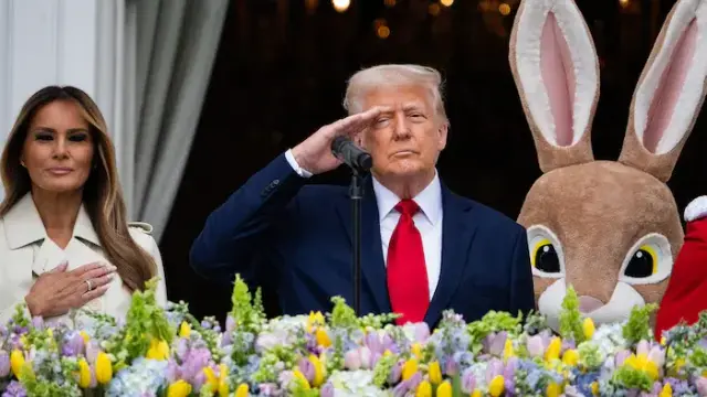 Sometimes the captions just write themselves - First Lady Melania Trump and US President Donald Trump's encounter with the Easter Bunny features in Channel 4's The Donald Trump Show.