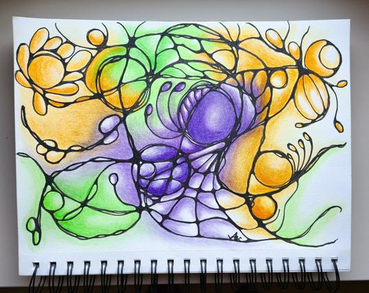 Eine farbenfrohe Neurographic-Art-Zeichnung auf einem Skizzenblock. Organisch verlaufende schwarze Linien bilden miteinander verbundene Formen und Kreise, die mit leuchtenden Gelb-, Grün- und Violetttönen ausgefüllt sind.