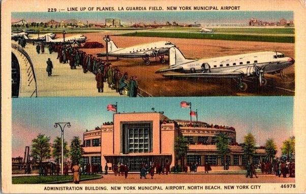 This vivid linen-era postcard showcases New York Municipal Airport—better known today as LaGuardia Field—at the dawn of commercial aviation’s golden age. The top panel depicts a lineup of sleek Douglas DC-3 airliners, the workhorses of 1930s and 1940s air travel, parked neatly on the tarmac as passengers and ground crew bustle below. The long line of travelers dressed in coats and hats captures the excitement of early flight, when boarding a plane was still an event of prestige and anticipation.

The lower image highlights the airport’s striking Administration Building at North Beach, a masterpiece of Art Deco and streamlined design. With its bold geometric façade, flag-topped roof deck, and bustling crowds, it represents the modern confidence of New York City at a time when air travel symbolized the future. The scene’s bright colors and clean lines—hallmarks of Curt Teich & Co.’s linen postcard printing—enhance the optimism and sophistication of this era.

Together, the two scenes celebrate LaGuardia’s role as a national gateway and civic achievement. Opened in 1939, the airport was a triumph of design and engineering, connecting the metropolis to the skies while embodying the progress and glamour of American aviation on the eve of World War II.