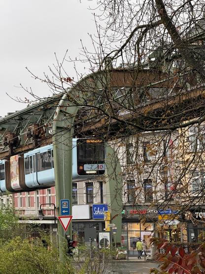 Ein Schwebebahnzug über der Straße in Vohwinkel, wo die Strecke das Flussbett der Wupper verlassen hat. Unter der Bahn verlaufen die Oberleitungen für den O-Bus aus Solingen. Es ist bewölkt, regnerisch und die Bäume haben bereits zum Teil die Blätter verloren.