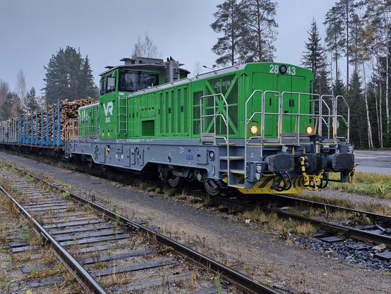 Vihreä dieselveturi jonka perässä näkyy puutavaralla lastattuja vaunuja. Vasemmalla puolella kiskopari jonka pölkkyjen välissä heinikkoa. Tautalla puita ja taivasta.