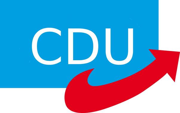 Schriftzug CDU in Afd-blau-weis mit dem roten, krummen Pfeil.