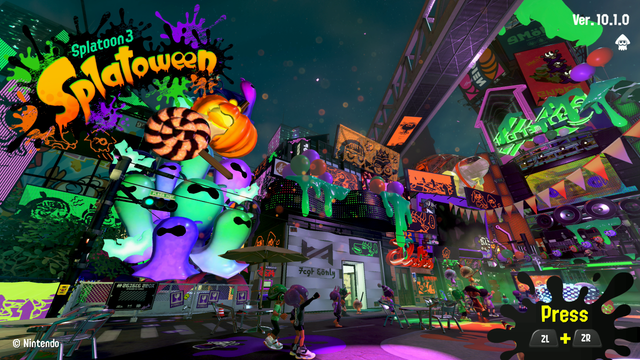 Start screen for Splatoon 3 during the Halloween-themed “Splatoween” event. The plaza is decorated with jack-o'-lanterns, green slime, and candy. Neon signs and graffiti light up the cityscape behind animated characters in costumes. Inklings and Octolings gather in the center. Top right shows version “Ver. 10.1.0.” Bottom right displays “Press ZL + ZR” to continue. Bottom left includes “© Nintendo.”