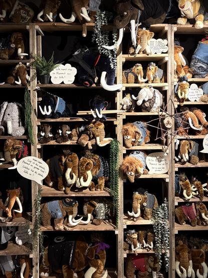 Regalwand voller Plüschtiermammuts, die Metalkutten tragen.