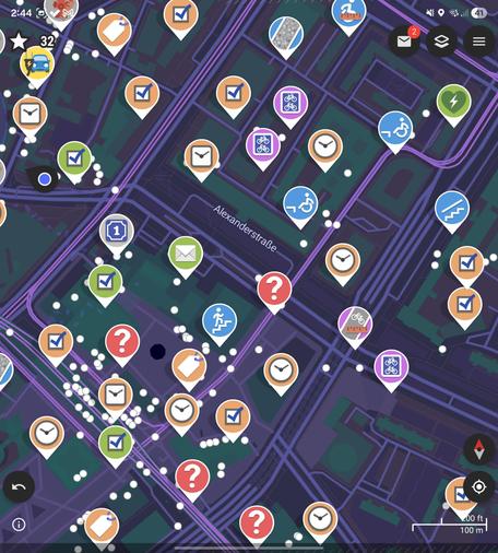 Screenshot of a map from my phone with quest bubbles on top