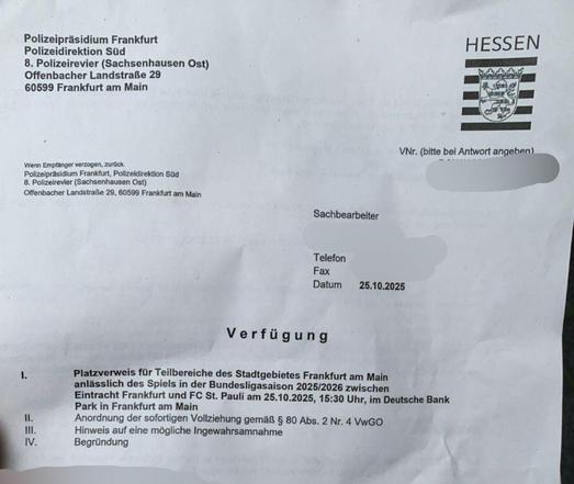 Schriftlicher Platzverweis für Teile des Frankfurter Stadtgebietes.