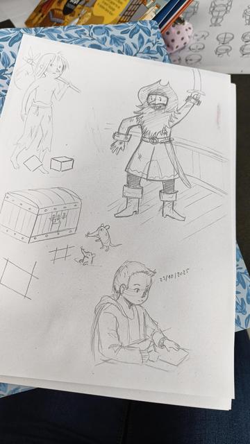 Picture of a sheet of various sketches done for my drawing class, and in the bottom right a sketch of the student himself while he was drawing.//Photo d'une feuilles de croquis variés ayant servi pour le cours, et en bas à droite un croquis de l'élève en train de dessiner.