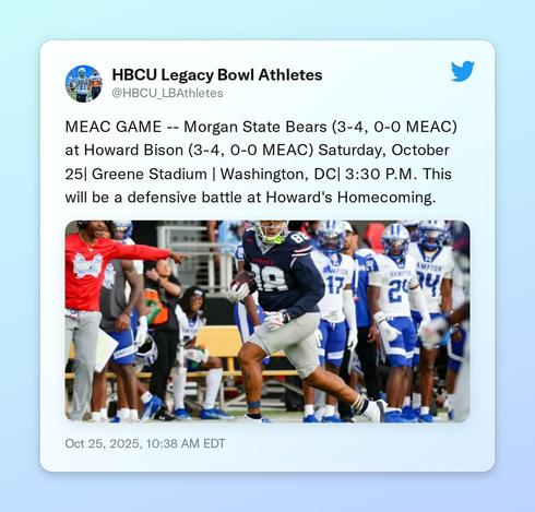 MEAC GAME -- Morgan State Bears (3-4, 0-0 MEAC) at Howard Bison (3-4, 0-0 MEAC) Saturday, October 25| Greene Stadium | Washington, DC| 3:30 P.M. This will be a defensive battle at Howard's Homecoming. https://t.co/kIuQud47gz