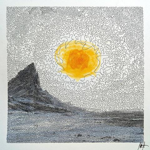 A tundra landscape rendered in continuous curving black linework on white paper, featuring a prominent mountain peak on the left, rolling hills, and a hand-painted yellow-orange sun in the upper center. The sky is filled with dense, maze-like patterns of curved lines, while the ground and water areas are hand-colored in cool blue-grey tones. The entire composition is created from a single unbroken curving line that travels through the entire piece, creating organic, flowing texture throughout