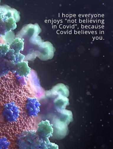A close-up illustration of the coronavirus, with colorful, detailed structures and textures. Text:  “I hope everyone enjoys ‘not believing in Covid”, because Covid believes in you.”