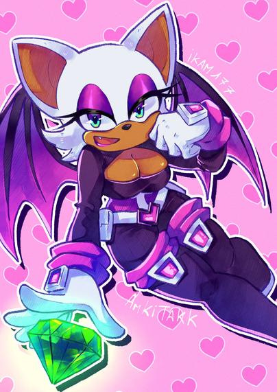 Rouge the Bat in ther Sonic Heroes outfit. She is reaching out to a green Chaos Emerald with a smile, her other hand posed cutely near her face.