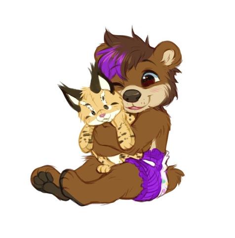 Sascha is a bear-lynx-hybrid with lynx-like cheef fluff and purple streaks in his hair.
He is sitting on the floor in just a white and purple diaper, cuddling his best plushie friend, the lynx Sammy.
Sascha had wrapped both arms around his plushie, cuddling Sammy close and leaning his cheek into his fur with a little blush on his face.