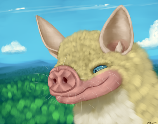 A portrait of a Jamaican Flower Bat that is facing forwards and to the left. They have a big smug grin on their face as they look before them. The background is a forest of rolling hills all the way through the horizon, and the sky is partly cloudy.